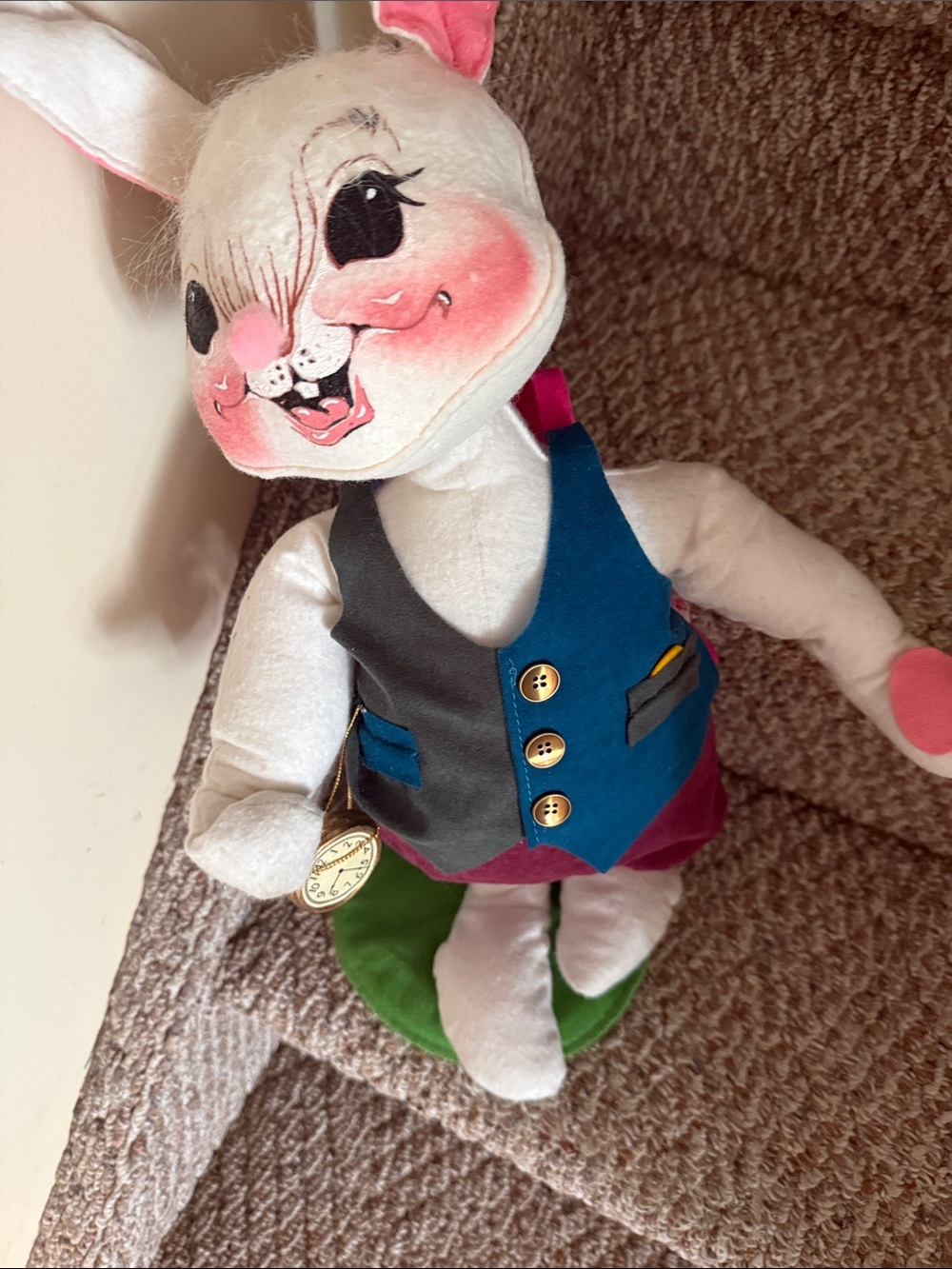 Annalee White Bunny with Pink Ears, Blue Vest and Green Pants